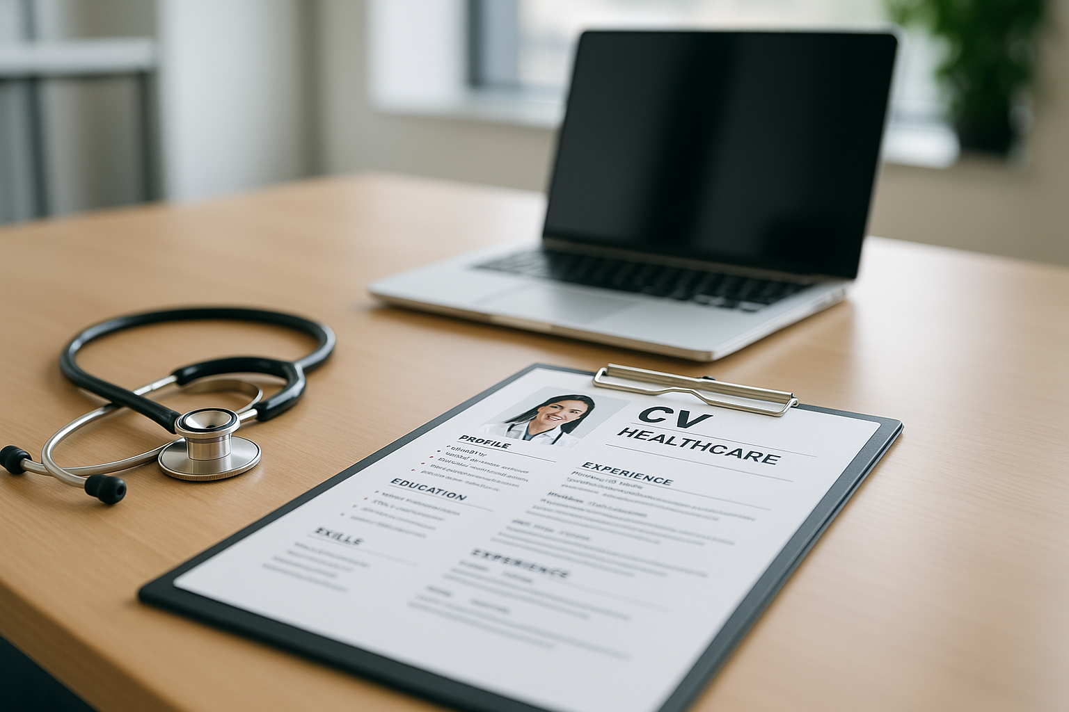 Professional healthcare CV document on desk with laptop and stethoscope representing career development