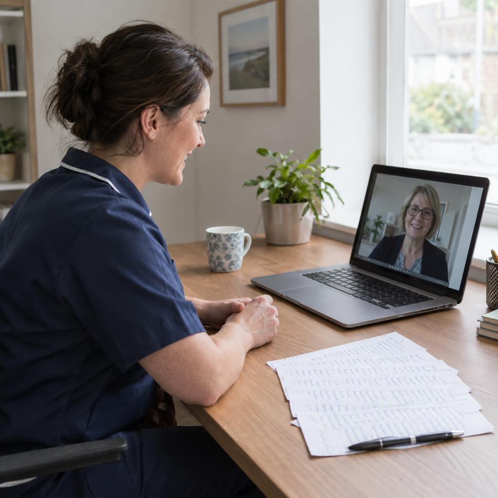 Photo-style image of a nurse having a reflective discussion over video call at a desk